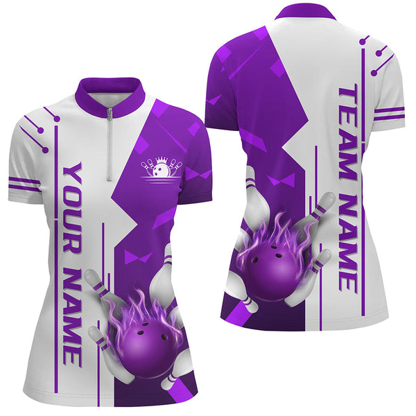 White and Purple Flame Bowling Polo, Quarter Zip shirts for Women custom Team Bowling Jersey For Women NQS8743