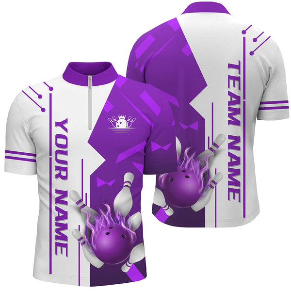 White and Purple Flame Bowling Polo, Quarter Zip shirts for Men custom Team Bowling Jersey For Men NQS8743