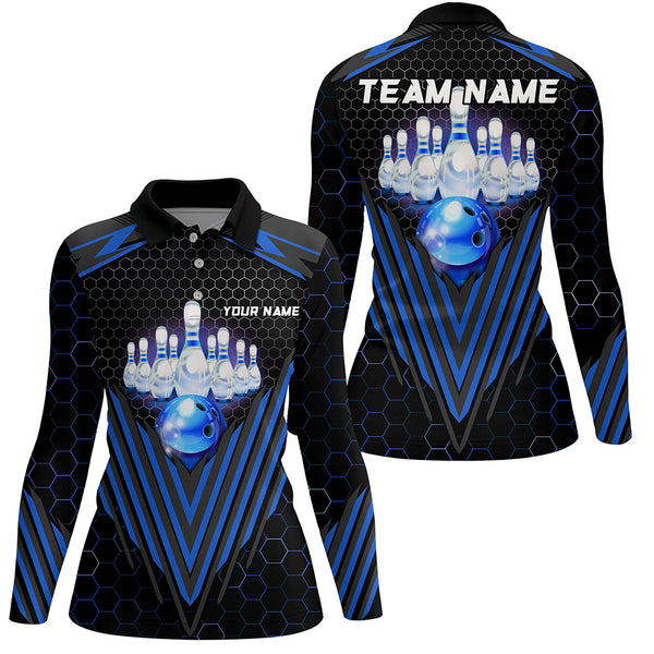 Black and Blue Women Bowling Polo, Quarter zip shirts Custom Team Bowling Jerseys, Bowling uniforms NQS8976