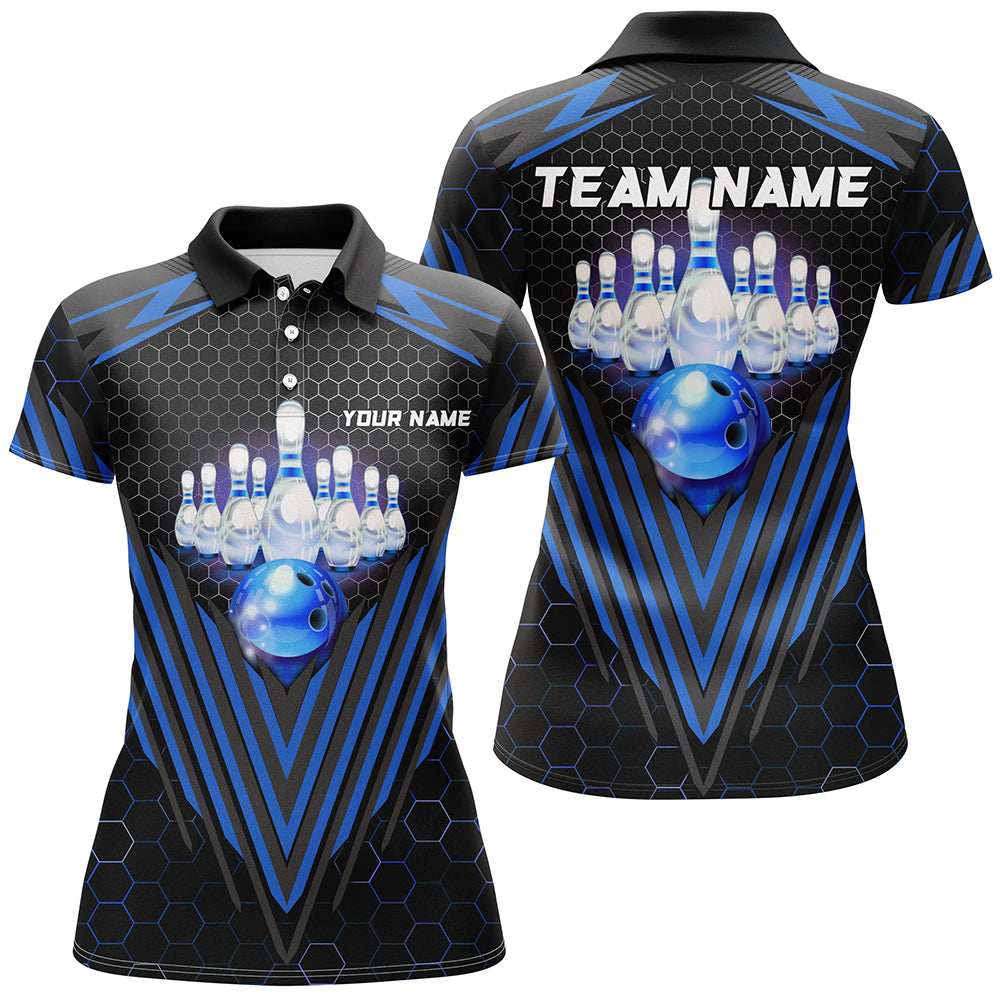 Black and Blue Women Bowling Polo, Quarter zip shirts Custom Team Bowling Jerseys, Bowling uniforms NQS8976