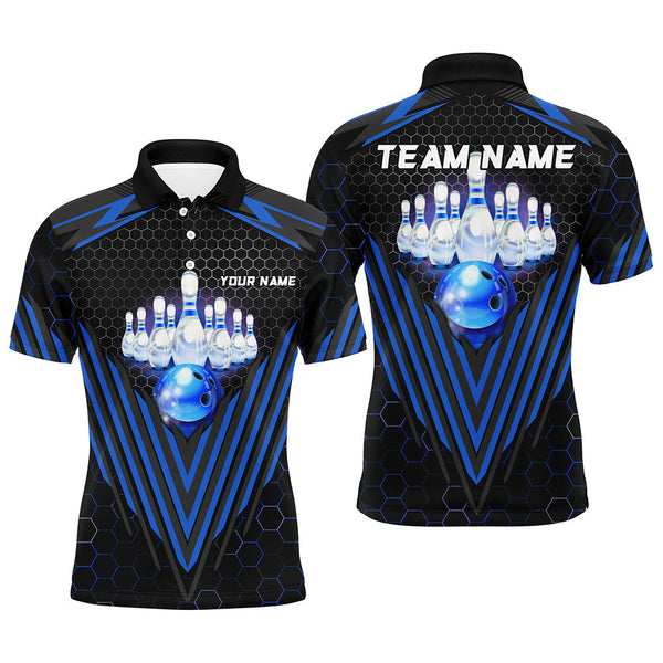 Black and Blue Mens Bowling Polo, Quarter zip shirts Custom Team Bowling Jerseys, Bowling uniforms NQS8976