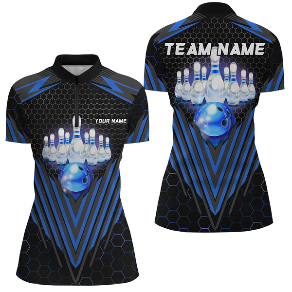 Black and Blue Women Bowling Polo, Quarter zip shirts Custom Team Bowling Jerseys, Bowling uniforms NQS8976