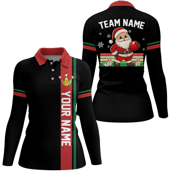 Retro Christmas Santa Bowling Polo, 1/4 zip shirts For Women Custom Xmas Team Bowling Jerseys | Black NQS8986