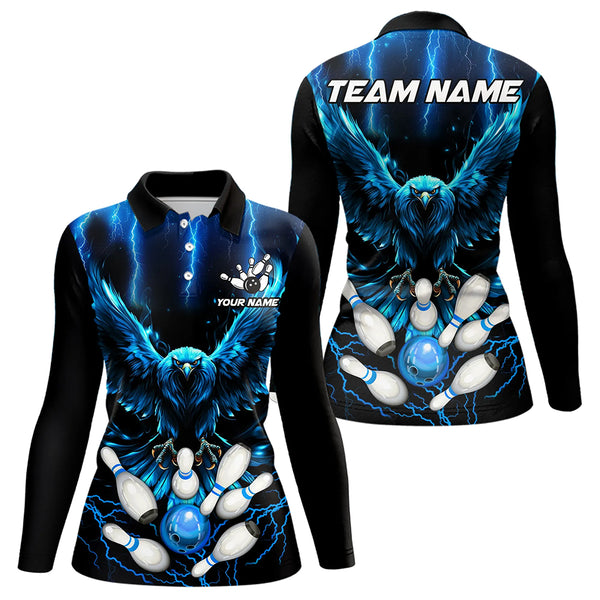Custom Blue Lightning Thunder Eagle Women Bowling Polo, Quarter Zip Shirts Bowling Team Jersey Outfits NQS9577
