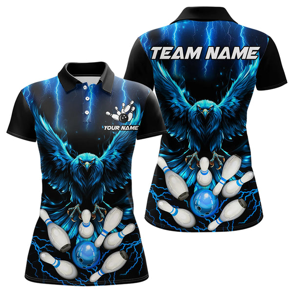Custom Blue Lightning Thunder Eagle Women Bowling Polo, Quarter Zip Shirts Bowling Team Jersey Outfits NQS9577