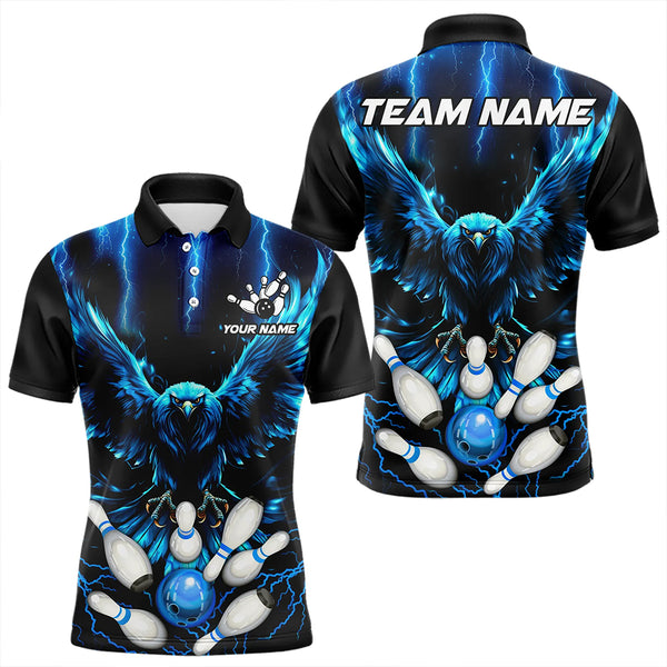 Custom Blue Lightning Thunder Eagle Men Bowling Polo, Quarter Zip Shirts Bowling Team Jerseys Outfits NQS9577