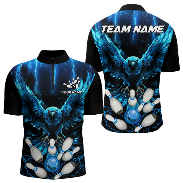Custom Blue Lightning Thunder Eagle Men Bowling Polo, Quarter Zip Shirts Bowling Team Jerseys Outfits NQS9577