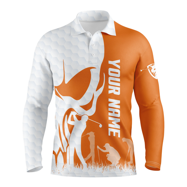 Mens golf polos shirts custom name skull white golf ball skin jerseys, golf wear for mens | Orange NQS4978