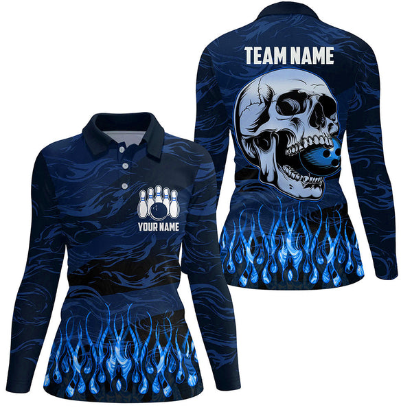 Bowling polo, quarter zip shirts for women Custom Blue camo Flame Skull Bowling Team League Jerseys NQS7652