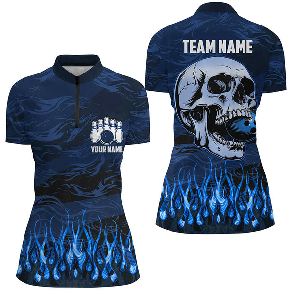 Bowling polo, quarter zip shirts for women Custom Blue camo Flame Skull Bowling Team League Jerseys NQS7652