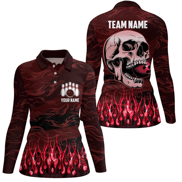 Bowling polo, quarter zip shirts for women Custom Red camo Flame Skull Bowling Team League Jerseys NQS7653