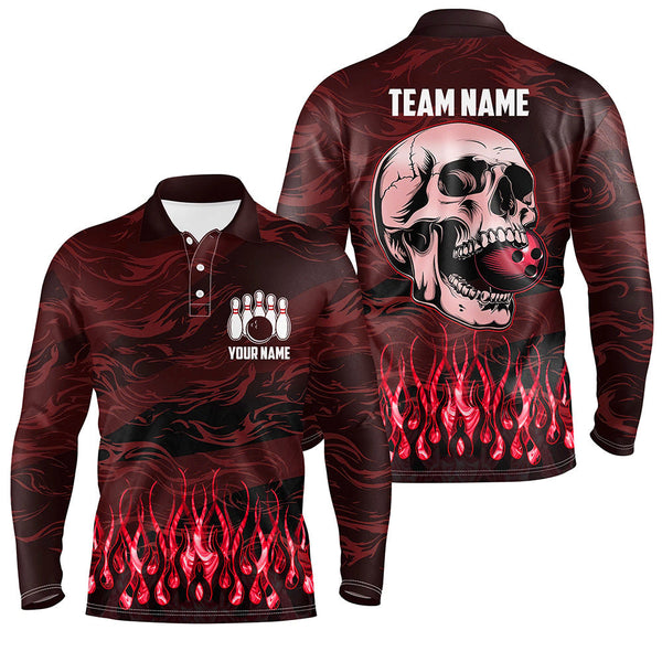 Bowling polo, quarter zip shirts for men Custom Red camo Flame Skull Bowling Team League Jerseys NQS7653