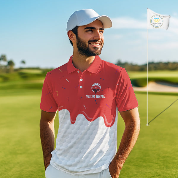 Mens golf polo shirts custom red Ice Cream Melting On Golf Ball, golf gifts for mens NQS9988