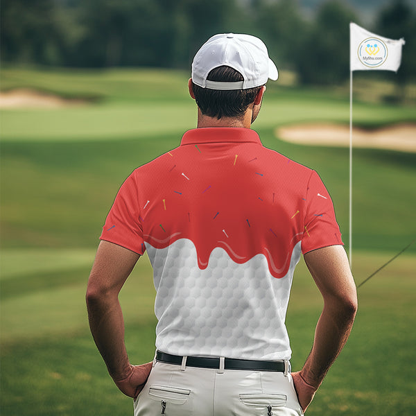 Mens golf polo shirts custom red Ice Cream Melting On Golf Ball, golf gifts for mens NQS9988