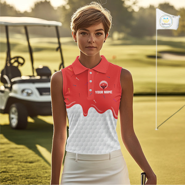 Womens sleeveless golf polo shirts custom red Ice Cream Melting On Golf Ball, golf gifts for ladies NQS9988
