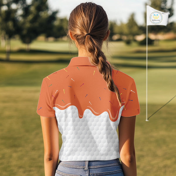 Womens golf polo shirts custom orange Ice Cream Melting On Golf Ball, golf gifts for ladies NQS9989