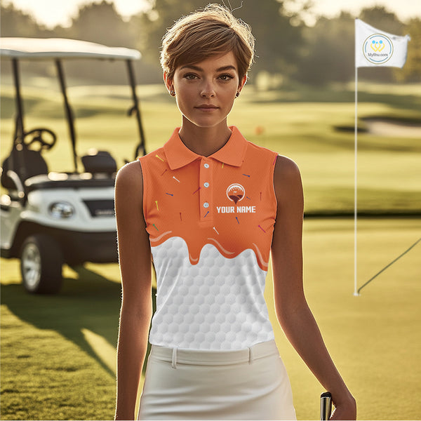 Womens sleeveless golf polo shirts custom orange Ice Cream Melting On Golf Ball, golf gifts for ladies NQS9989