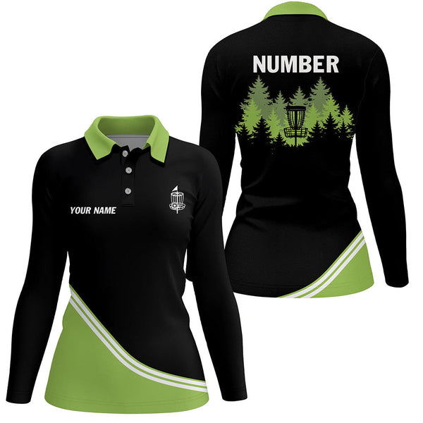Black and Green disc golf basket in the forest custom Womens disc golf polo shirt, disc golf jersey NQS8752
