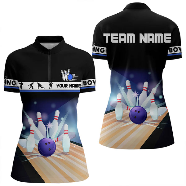 Black and Blue Bowling Polo, Quarter Zip shirts For Women custom bowling team jersey, Gift for Bowlers NQS9415