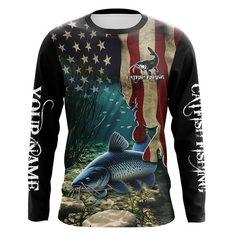 Catfish Fishing American Flag Patriotic Custom Long sleeve fishing shirt, personalized fishing gift NQS484