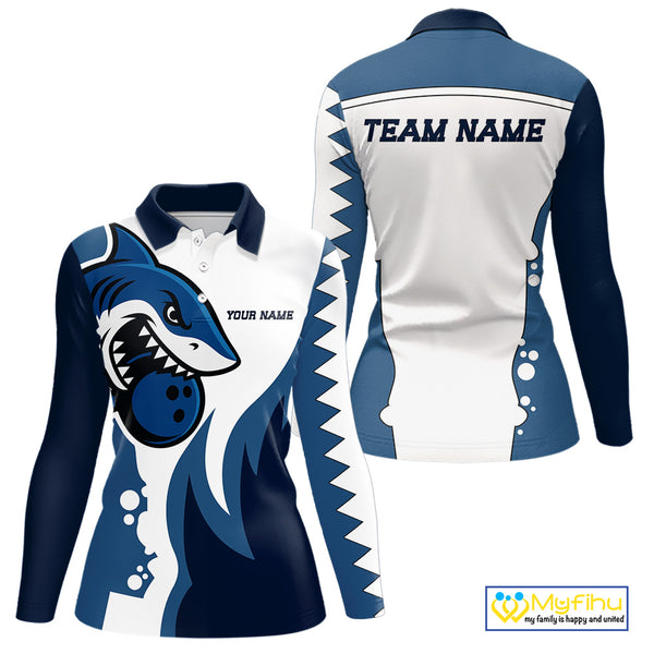 White and Blue Shark Bowling Polo, Quarter Zip shirts for Womens custom shark bowling team jerseys NQS10159