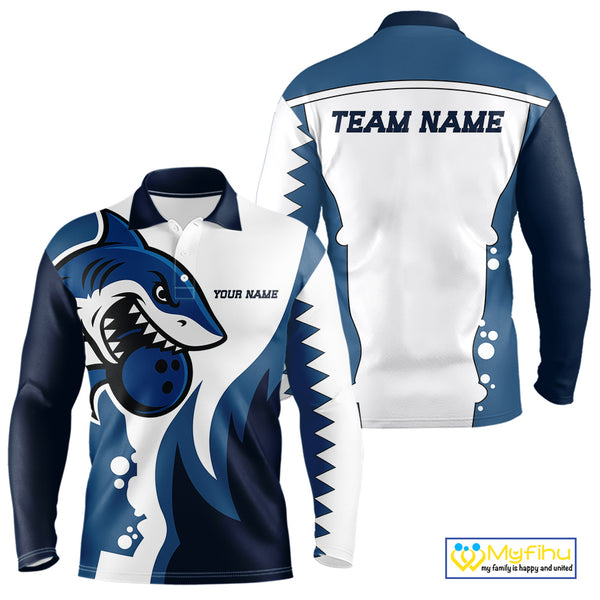 White and Blue Shark Bowling Polo, Quarter Zip shirts for men custom shark bowling team jerseys NQS10159