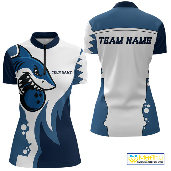 White and Blue Shark Bowling Polo, Quarter Zip shirts for Womens custom shark bowling team jerseys NQS10159