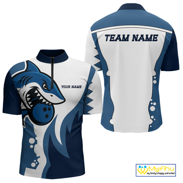 White and Blue Shark Bowling Polo, Quarter Zip shirts for men custom shark bowling team jerseys NQS10159