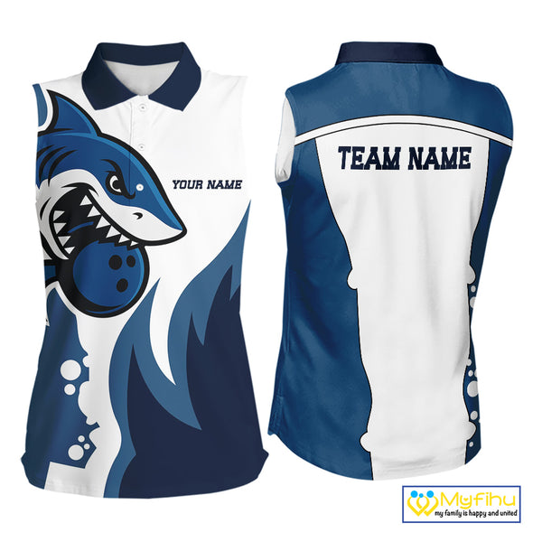 White and Blue Shark Women sleeveless Polo Shirt custom shark bowling team jerseys, gift for bowlers NQS10159