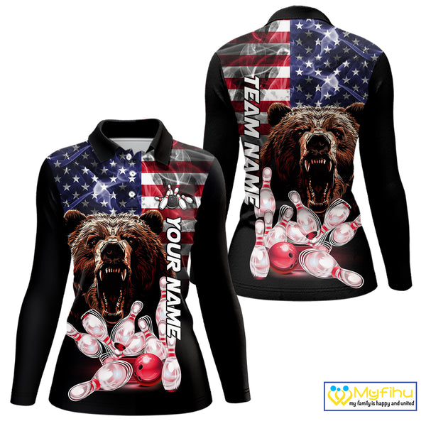 American Flag Bear Bowling Polo, Quarter Zip Shirts for Women Custom patriotic Team Bowling jerseys NQS10287