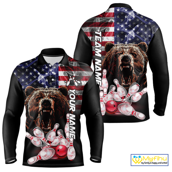 American Flag Bear Bowling Polo, Quarter Zip Shirts for Men Custom patriotic Team Bowling jerseys NQS10287