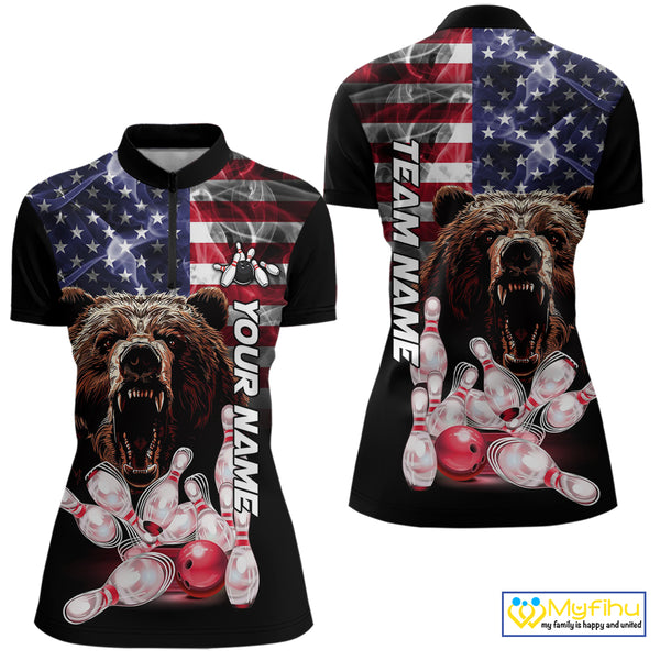 American Flag Bear Bowling Polo, Quarter Zip Shirts for Women Custom patriotic Team Bowling jerseys NQS10287