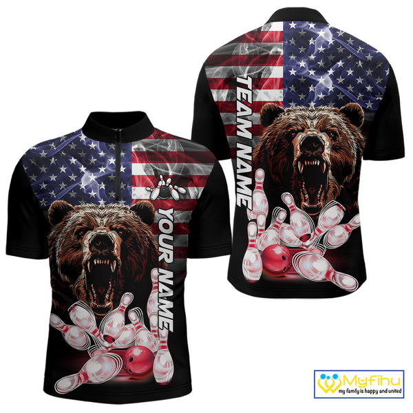 American Flag Bear Bowling Polo, Quarter Zip Shirts for Men Custom patriotic Team Bowling jerseys NQS10287