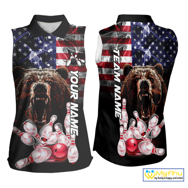 American Flag Bear Bowling Sleeveless Polo shirt Custom patriotic Team Bowling jerseys NQS10287