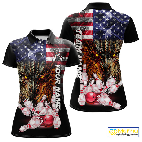 American Flag Dragon Bowling Polo, Quarter Zip Shirts for Women Custom patriotic Team Bowling jerseys NQS10288