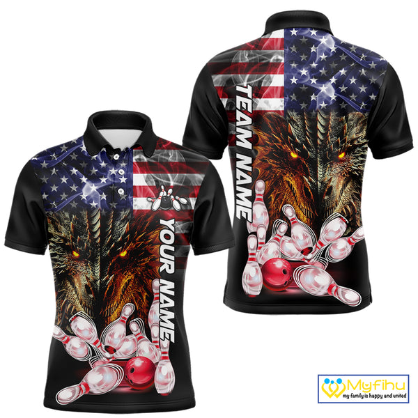 American Flag Dragon Bowling Polo, Quarter Zip Shirts for Men Custom patriotic Team Bowling jerseys NQS10288