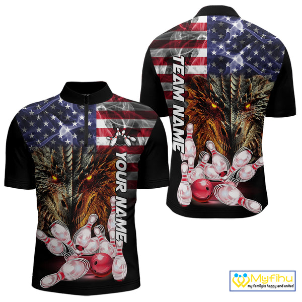 American Flag Dragon Bowling Polo, Quarter Zip Shirts for Men Custom patriotic Team Bowling jerseys NQS10288