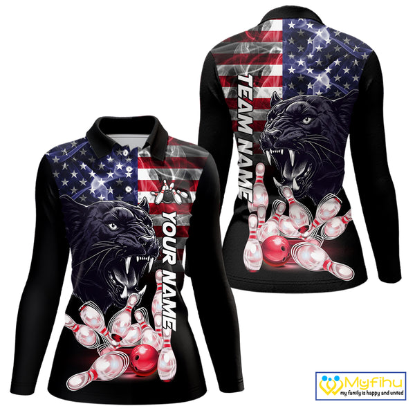 American Flag Panther Bowling Polo, Quarter Zip Shirts for Women Custom patriotic Team Bowling jerseys NQS10289