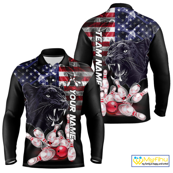American Flag Panther Bowling Polo, Quarter Zip Shirts for Men Custom patriotic Team Bowling jerseys NQS10289