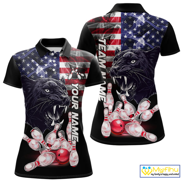 American Flag Panther Bowling Polo, Quarter Zip Shirts for Women Custom patriotic Team Bowling jerseys NQS10289