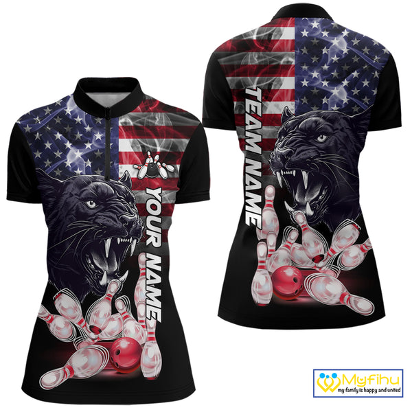 American Flag Panther Bowling Polo, Quarter Zip Shirts for Women Custom patriotic Team Bowling jerseys NQS10289