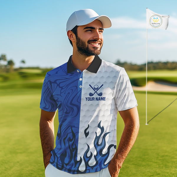 White and Blue Camo Flame Mens Golf Polo Shirt Custom golf attire for men, personalized golf gifts NQS10709