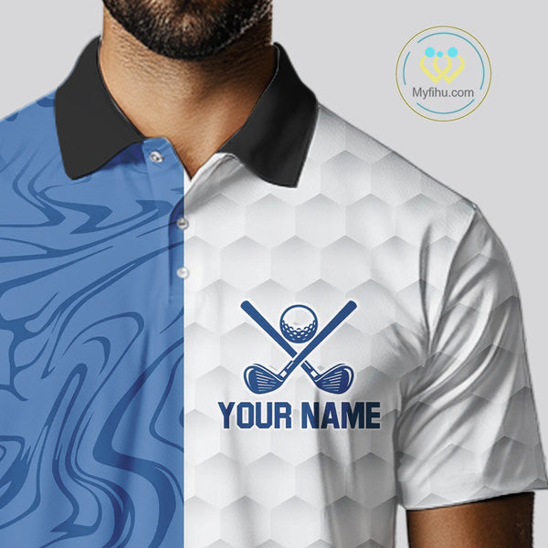 White and Blue Camo Flame Mens Golf Polo Shirt Custom golf attire for men, personalized golf gifts NQS10709