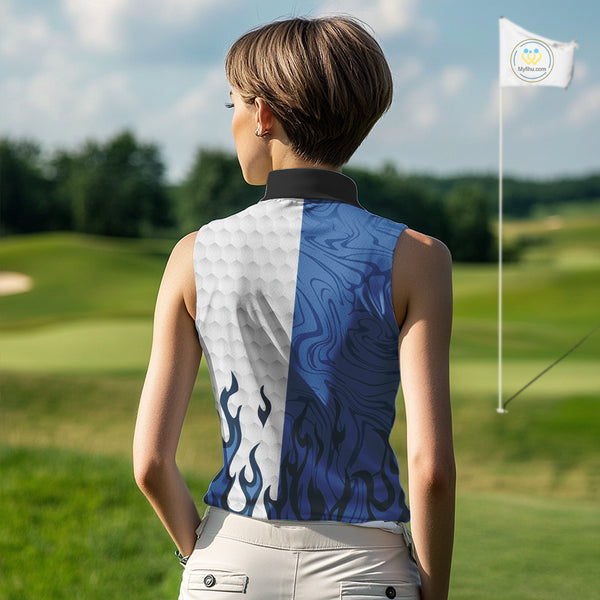 White and Blue Camo Flame Women Sleeveless Golf Polo Shirt Custom golf attire for ladies golf gift NQS10709