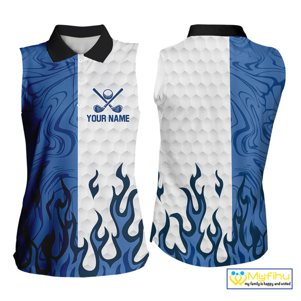 White and Blue Camo Flame Women Sleeveless Golf Polo Shirt Custom golf attire for ladies golf gift NQS10709