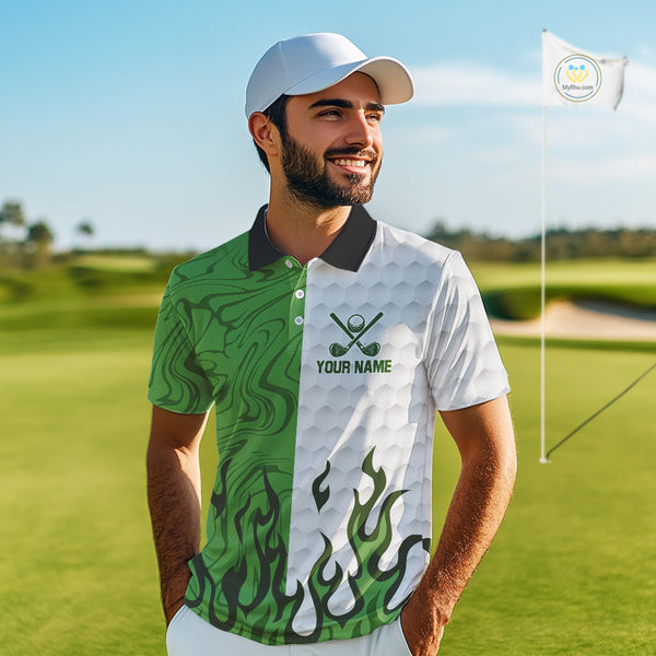 White and Green Camo Flame Mens Golf Polo Shirt Custom golf attire for men, personalized golf gifts NQS10710