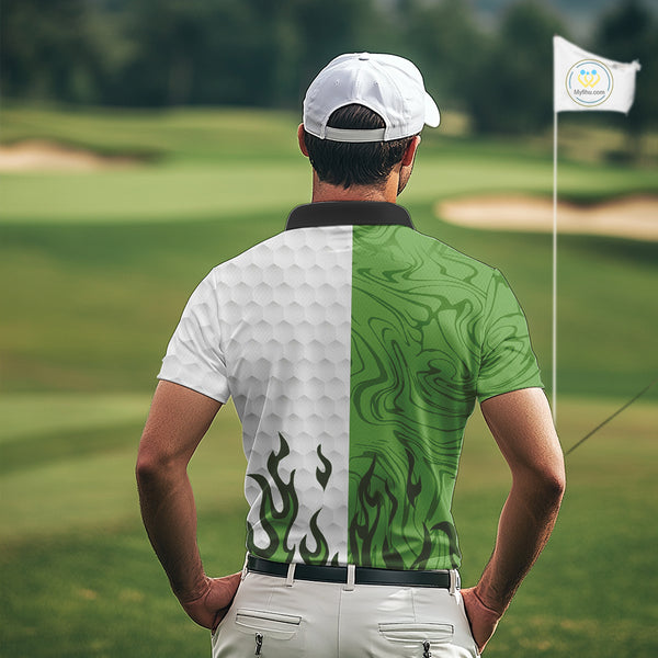 White and Green Camo Flame Mens Golf Polo Shirt Custom golf attire for men, personalized golf gifts NQS10710