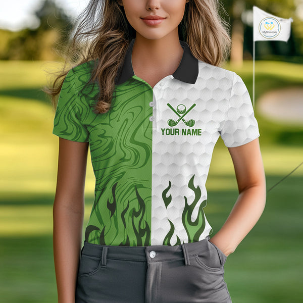 White and Green Camo Flame Women Golf Polo Shirt Custom golf attire for ladies personalized golf gift NQS10710