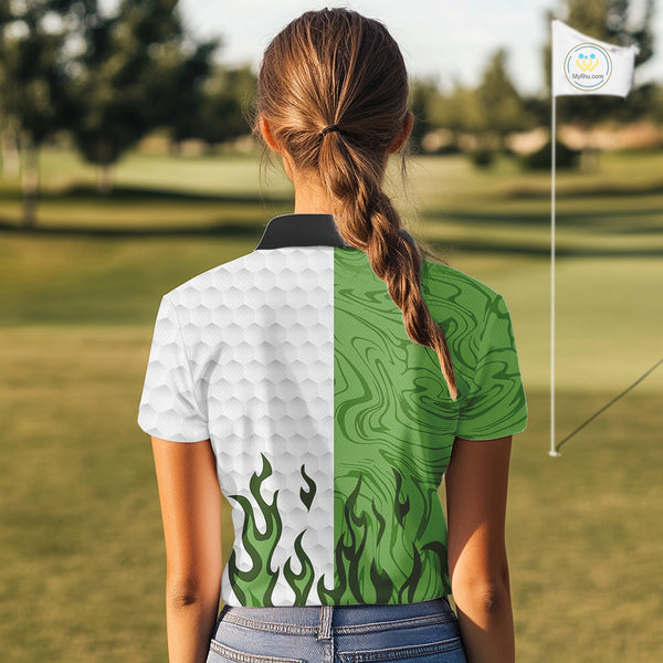 White and Green Camo Flame Women Golf Polo Shirt Custom golf attire for ladies personalized golf gift NQS10710