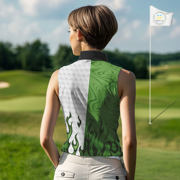 White and Green Camo Flame Women Sleeveless Golf Polo Shirt Custom golf attire for ladies golf gift NQS10710